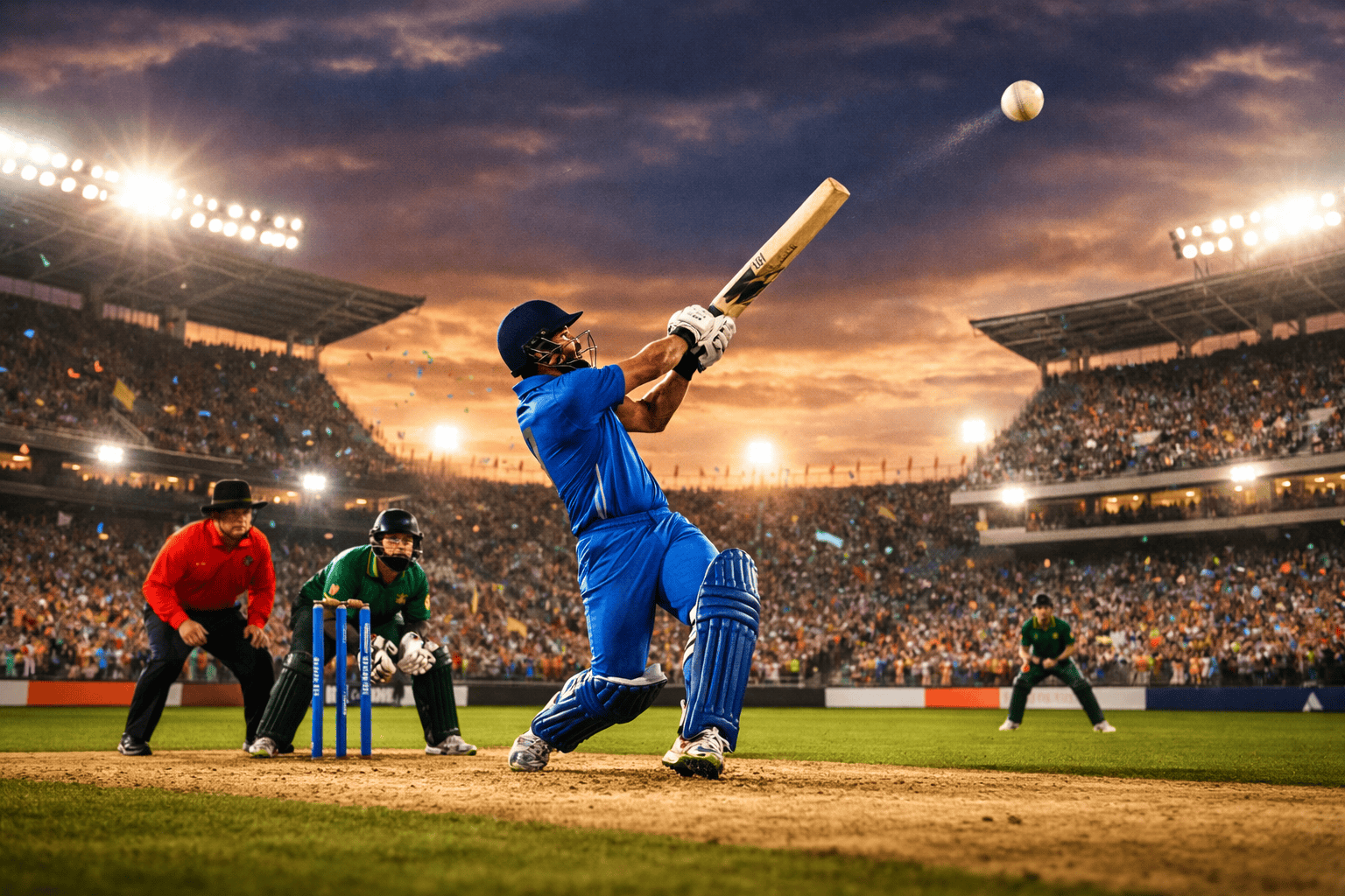 T20 cricket match action shot with batsman hitting a six in a packed stadium